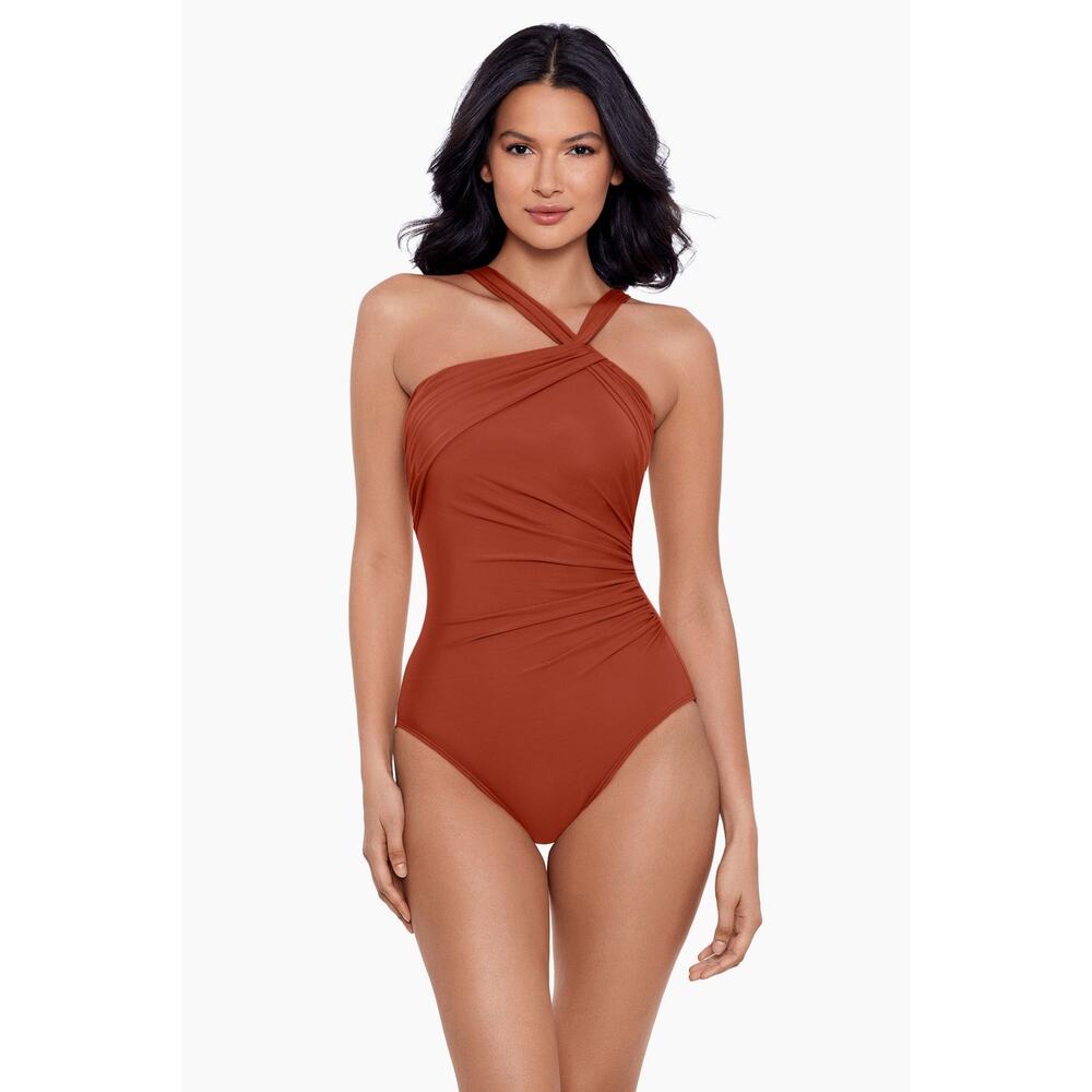 NWT Miraclesuit Rock Solid Europa Asymmetric Underwire One Piece Swimsuit Spice
